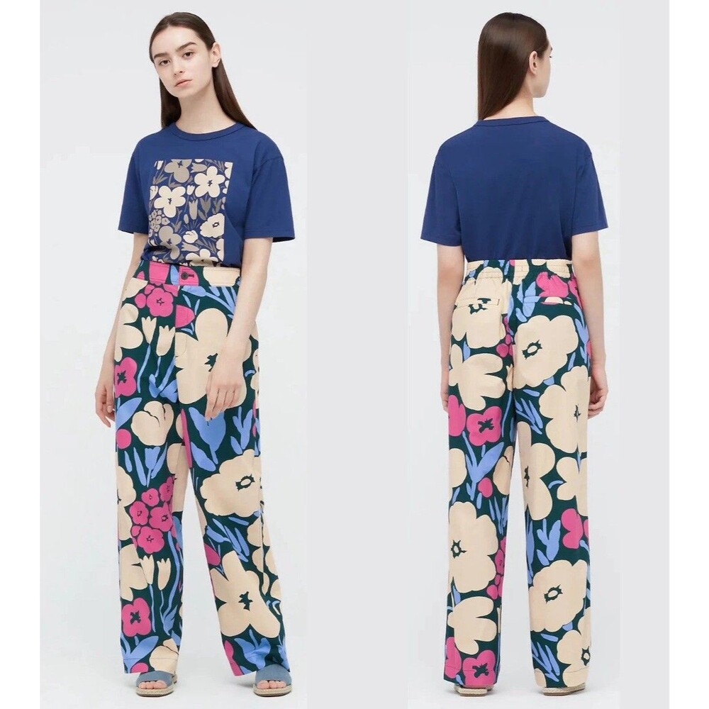 Marimekko x Uniqlo Women's Floral Wide-Leg Pants Size L Cotton Elastic Waist